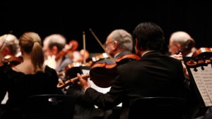 Man sieht ein Orchester mit Streichern. Der Zusammenhang zwischen Musik und Persönlichkeit ist vor allem bei professionellen Musiker'innen untersucht